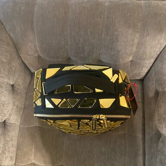 Sprayground Black and Gold Handmade Mirror Burst Super Exclusive Mosaic Backpack